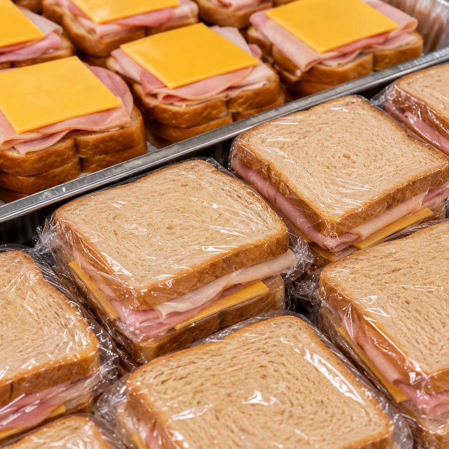 Wrapped ham and cheese sandwiches on a tray