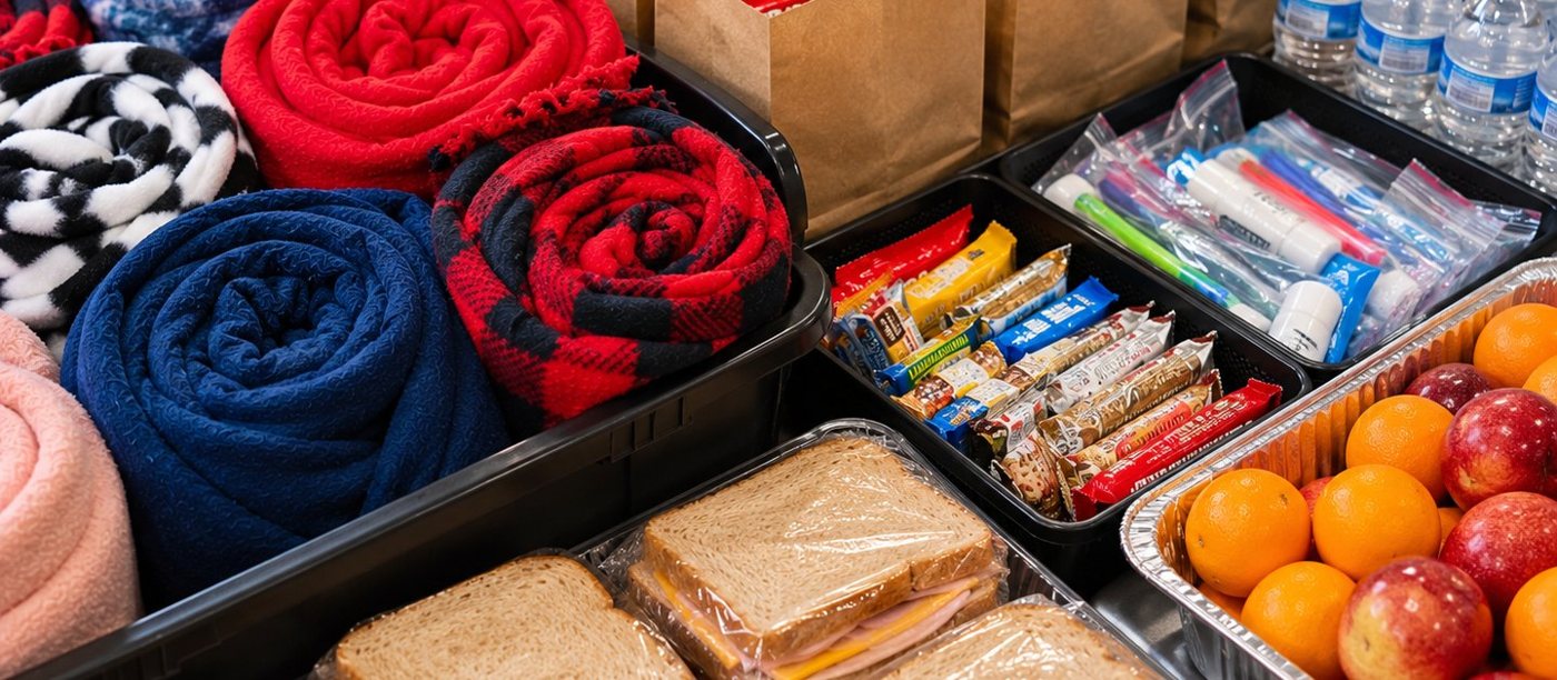 Blankets, sack lunches, sandwiches, snacks, hygiene kits, fruit, and water set out for outreach