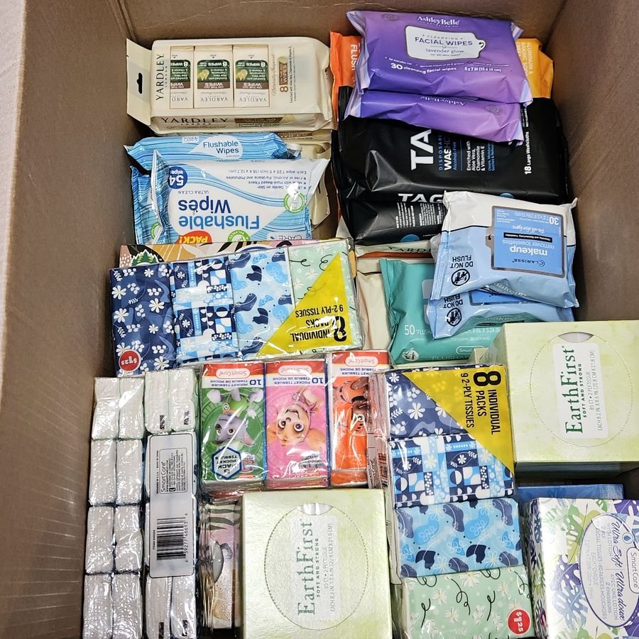 A box of wipes, tissues and personal-care packs